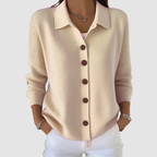 Women’s button-up V-neck knit cardigan with lapel collar, long sleeves, cream