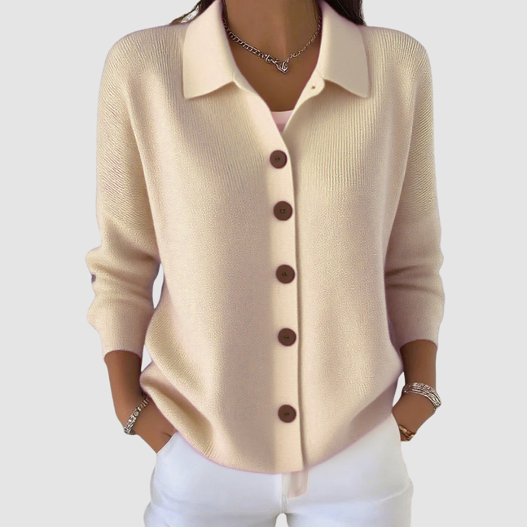 Women’s button-up V-neck knit cardigan with lapel collar, long sleeves, cream