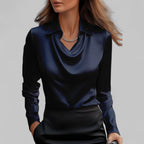 Silk blouse with draped V-neck and tailored fit, satin sheen, long sleeves, navy blue