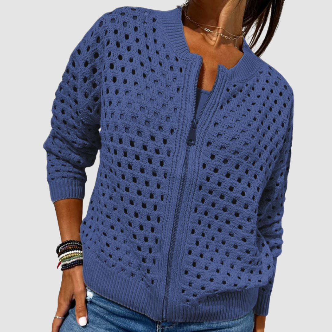 Lightweight open-knit full-zip cardigan in blue with zip front and ribbed cuffs