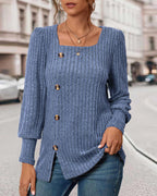 Blue ribbed knit women's top with square neckline and gold button placket
