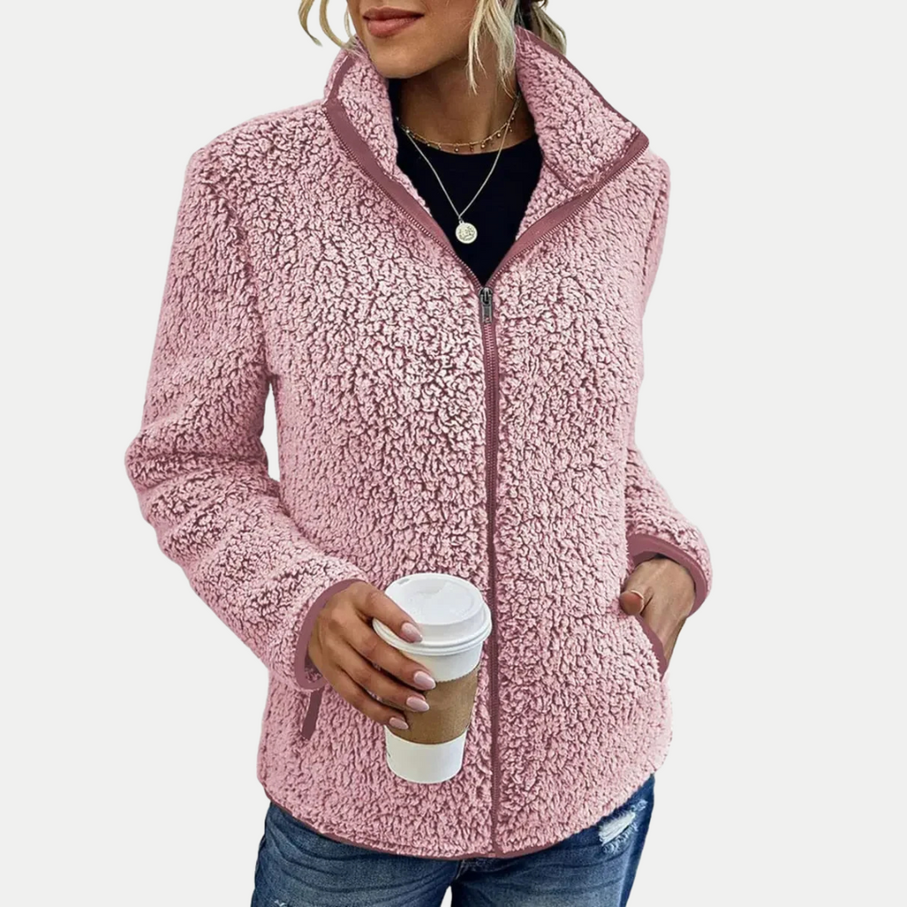 Pink textured fleece full-zip jacket with stand collar and long sleeves