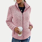 Pink textured fleece full-zip jacket with stand collar and long sleeves