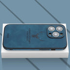 Genuine leather iPhone case with deer engraving, deep blue, camera cutouts, shockproof edge