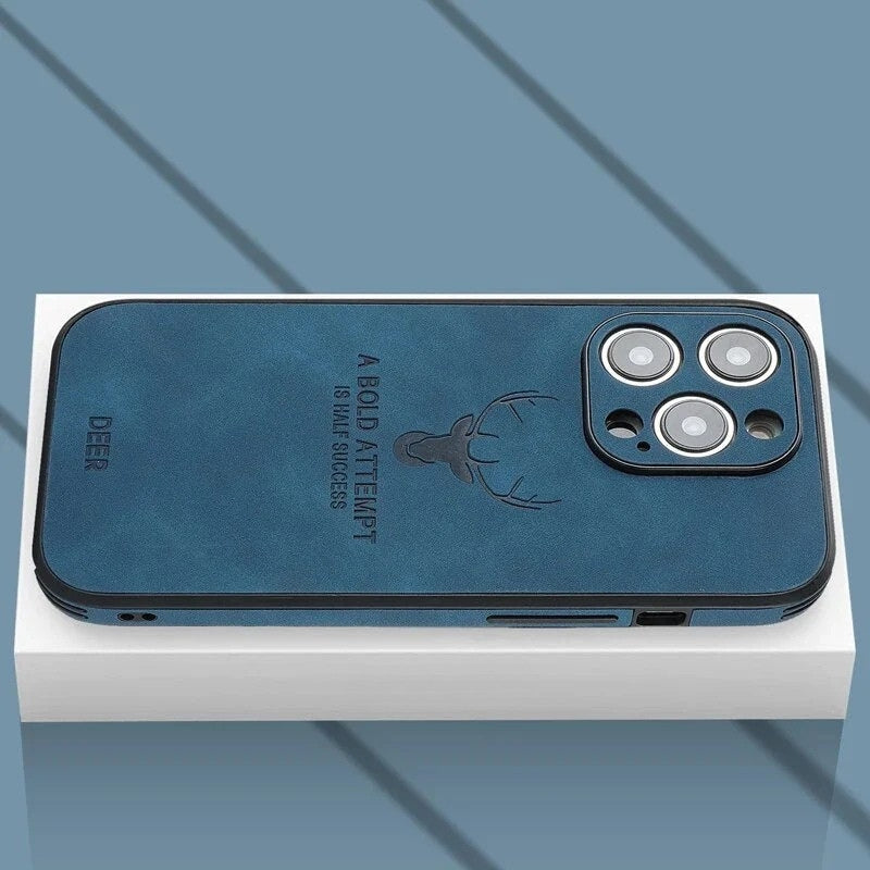 Genuine leather iPhone case with deer engraving, deep blue, camera cutouts, shockproof edge