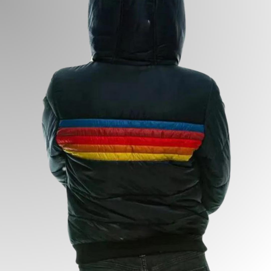 Women’s quilted puffer jacket, back view, dark hood, multicolor horizontal stripe.