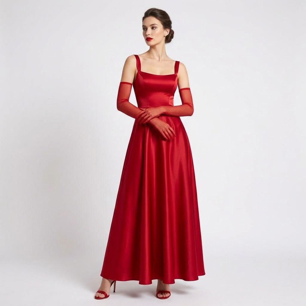 Sheer mesh elbow-length gloves, deep red
