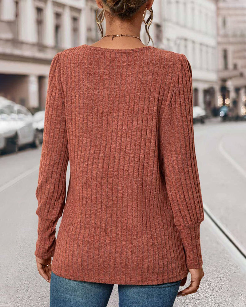 Rust orange ribbed knit women's top, long sleeves, square back detail with vertical seams
