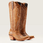 Brown embroidered western cowboy boots with side zippers and stacked heel