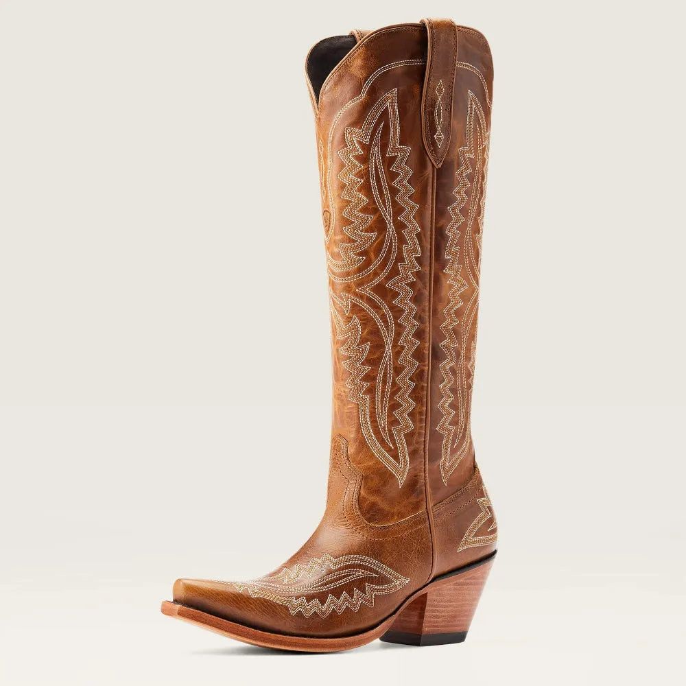 Brown tall western cowboy boots with ornate embroidery, pointed toe, stacked heel