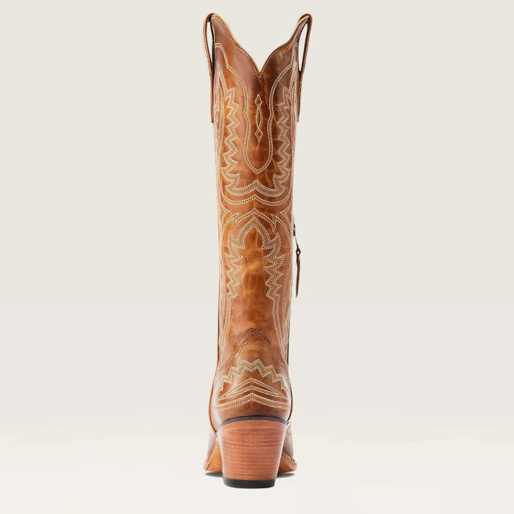 Tan-brown tall western cowboy boots with heel tab and side zipper, embroidered shaft