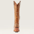 Tan-brown tall western cowboy boots with heel tab and side zipper, embroidered shaft