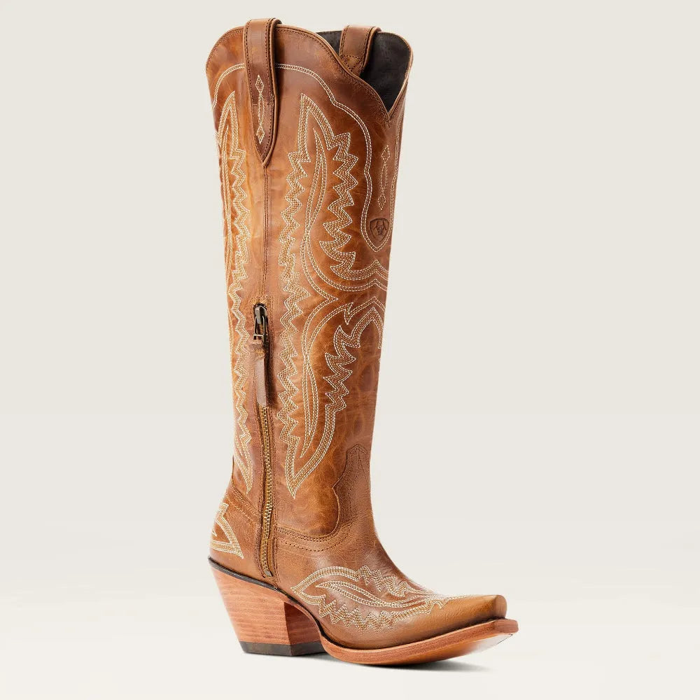 Tan-brown embroidered western cowboy boots with pointed toe, side zipper, stacked heel