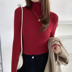 Burgundy ribbed turtleneck sweater with high collar and long sleeves