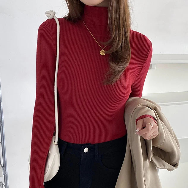 Burgundy ribbed turtleneck sweater with high collar and long sleeves
