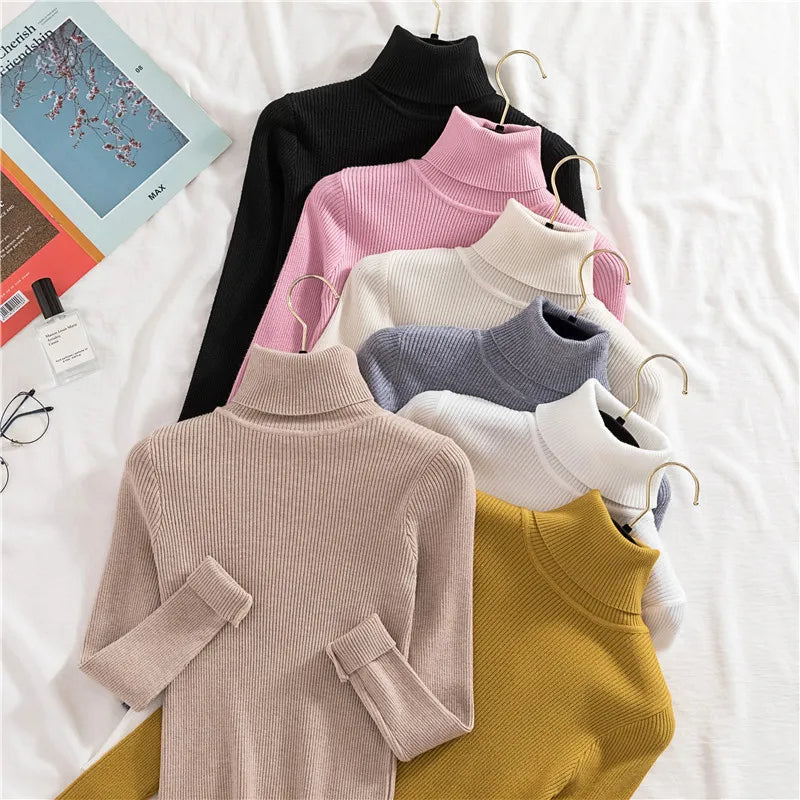Ribbed knit turtleneck sweaters in black, pink, cream, gray, beige, mustard
