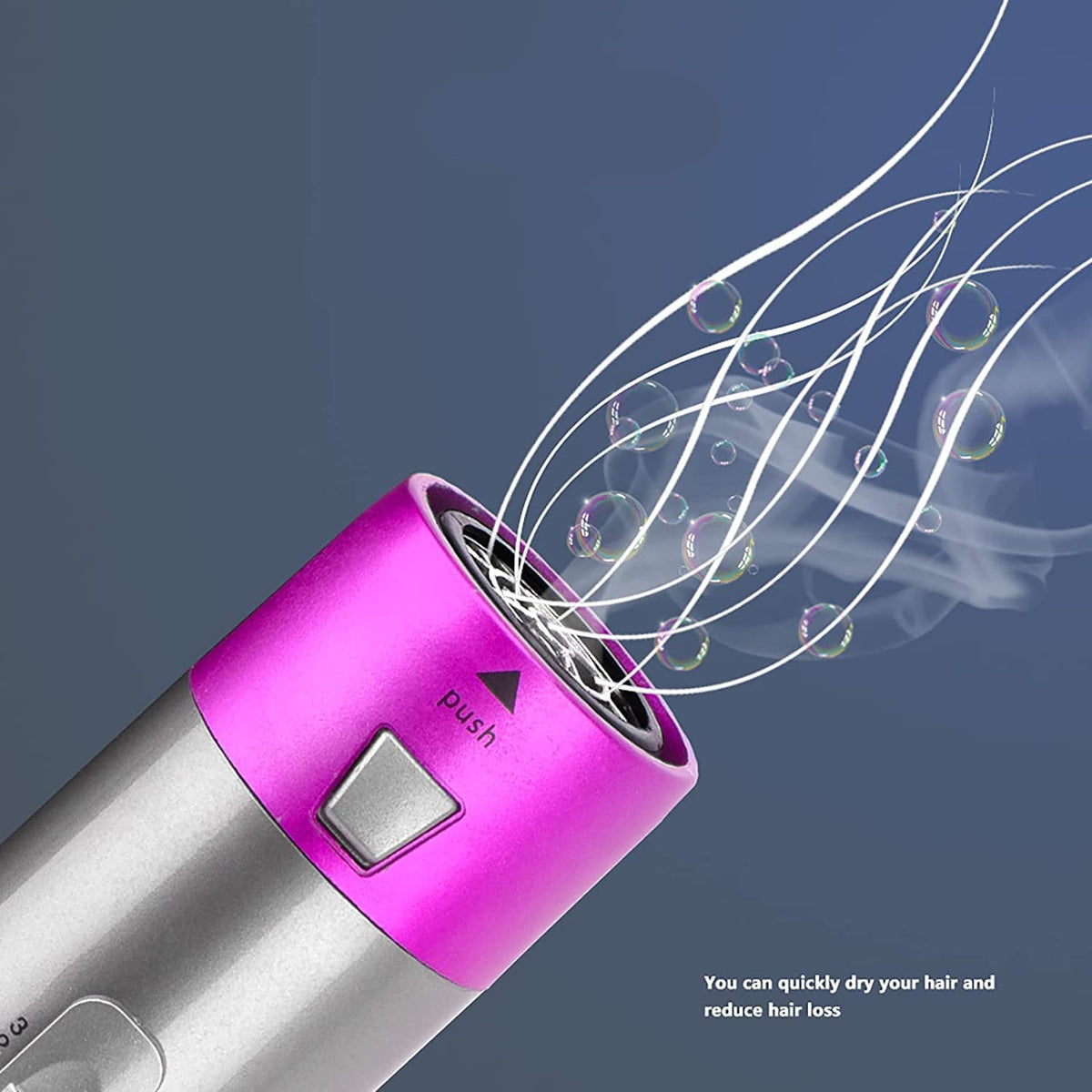 Hot air hair dryer brush releasing airflow from the purple vented nozzle for styling