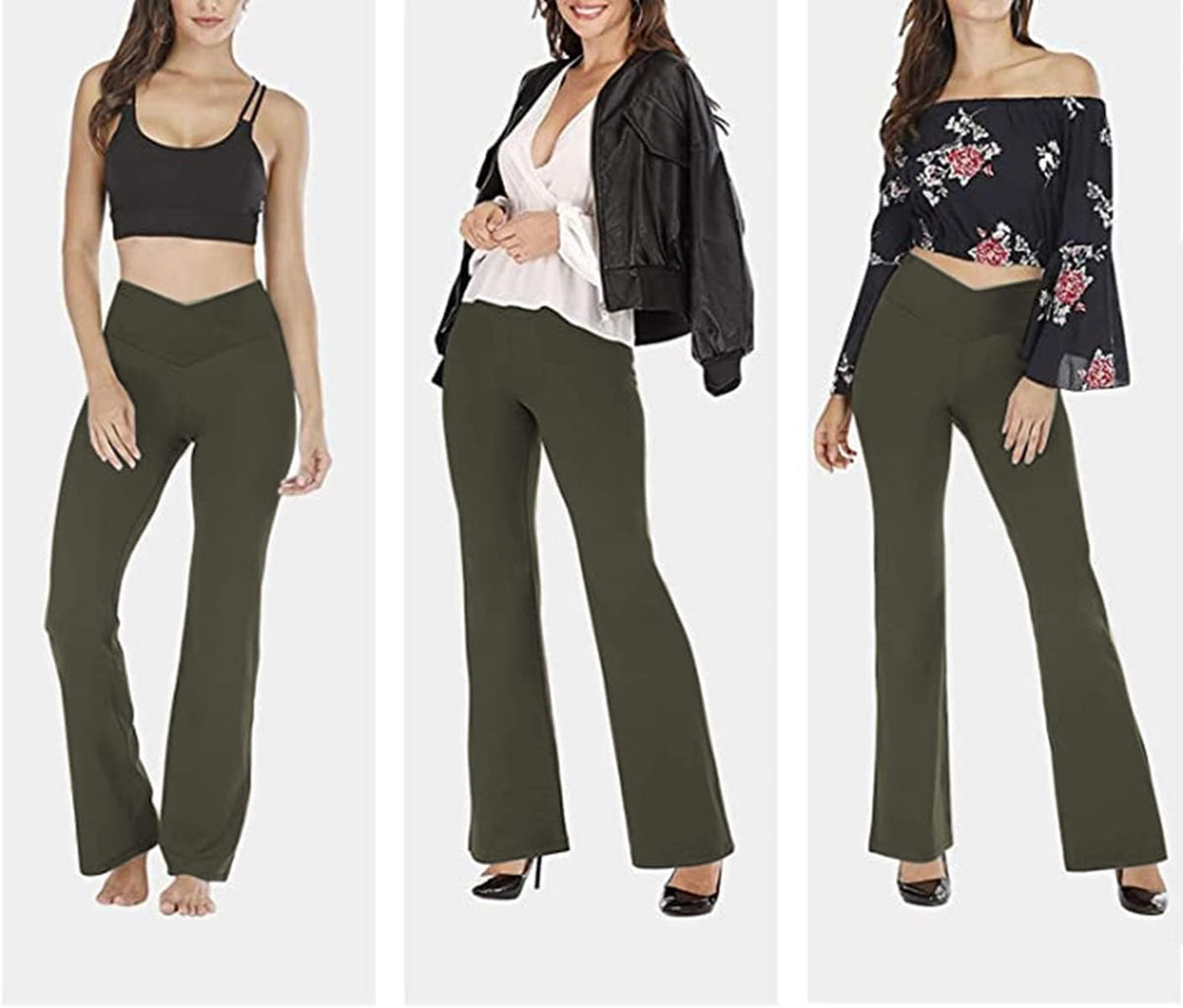 High-waisted flared yoga leggings, olive green bootcut style