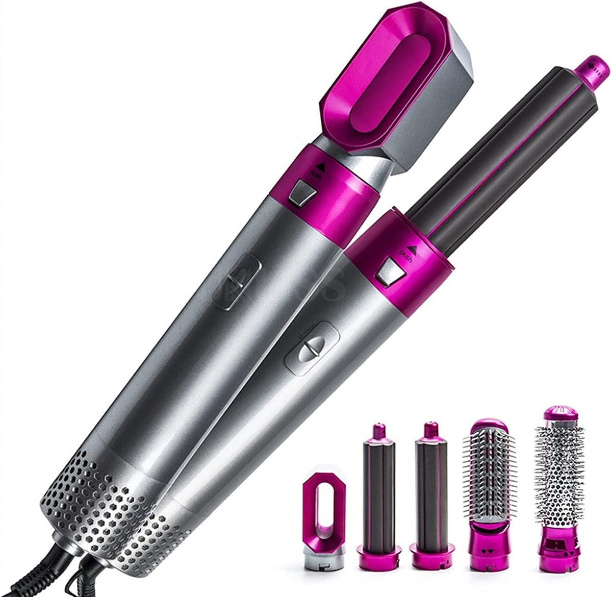 5-in-1 hot air hair dryer brush, purple and silver with vented nozzle and 4 heads