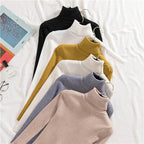 Ribbed knit turtleneck sweaters in black, white, mustard, blue-gray, taupe