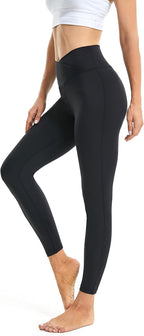 High-waisted bootcut yoga leggings in black with contoured V-waist and ankle-length flare