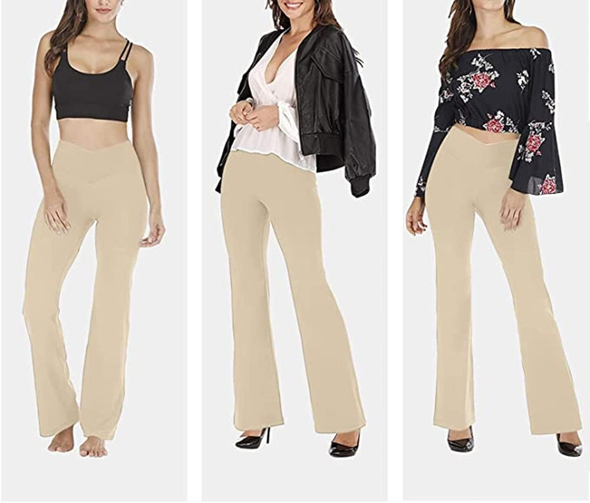 Women’s high-waisted flared yoga leggings in beige, multiple views