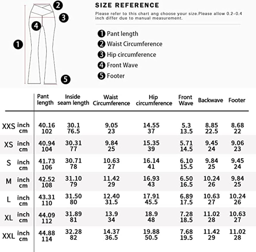 Yoga leggings size reference chart with waist, hip, and pant measurements