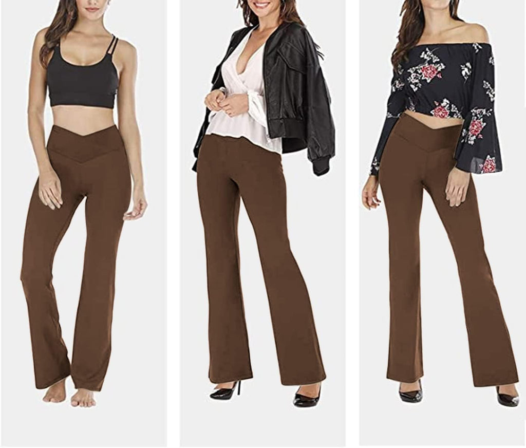 High-waisted bootcut yoga leggings in brown with V-shaped waistband and flared legs
