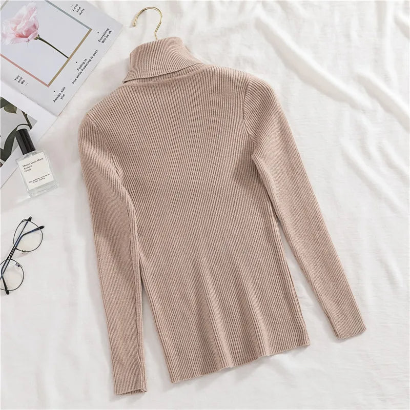Beige ribbed knit turtleneck sweater, back view with long sleeves