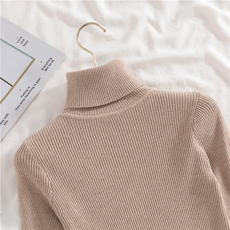 Beige ribbed knit turtleneck collar and shoulder detail