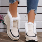 Women's ankle platform boots, beige suede with white faux-fur trim and black piping