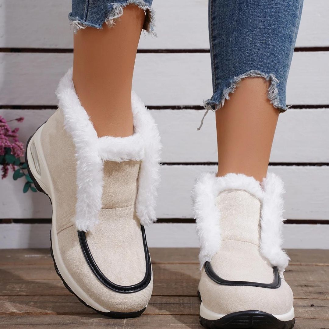 Women's ankle platform boots, beige suede with white faux-fur trim and black piping
