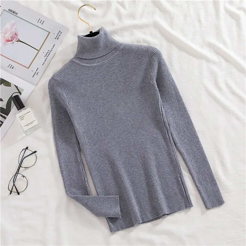Ribbed turtleneck sweater in slate blue-gray with long sleeves and mock neck