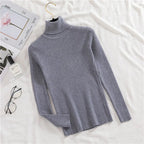 Ribbed turtleneck sweater in slate blue-gray with long sleeves and mock neck