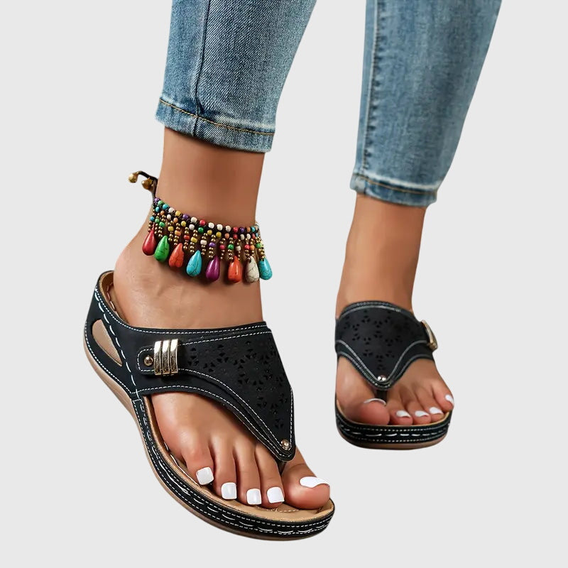 Women's wedge sandals in dark navy, perforated slide with colorful bead ankle strap