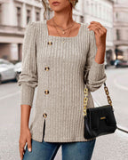 Knitted women’s top with buttons, square neckline, 3/4 sleeves, front slit detail, light brown