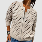 Lightweight open-knit full-zip cardigan in beige with zip front and ribbed cuffs