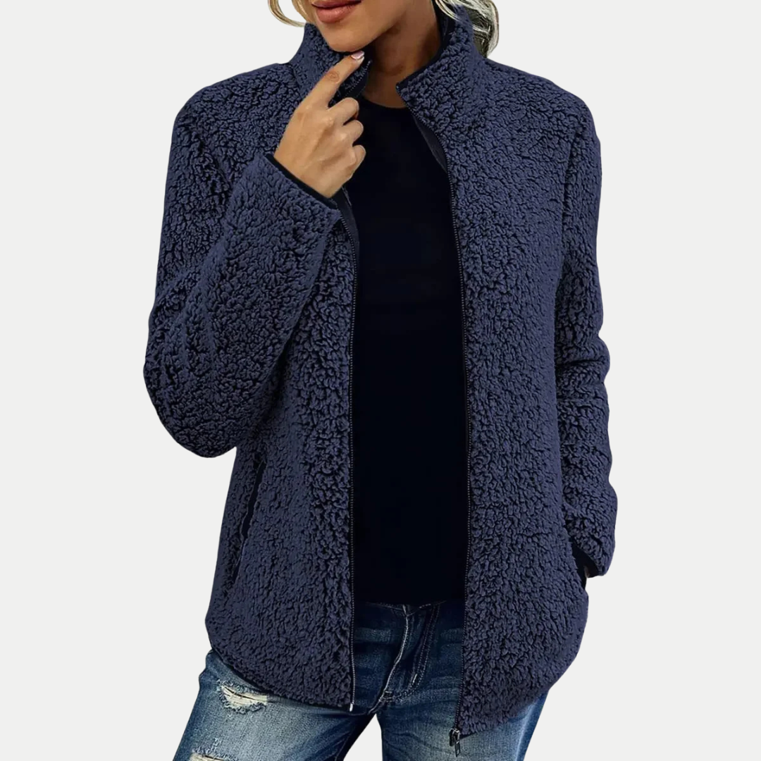 Navy textured fleece full-zip jacket with stand collar and long sleeves