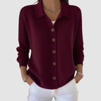 Women’s button-up V-neck knit cardigan with lapel collar, long sleeves, wine red