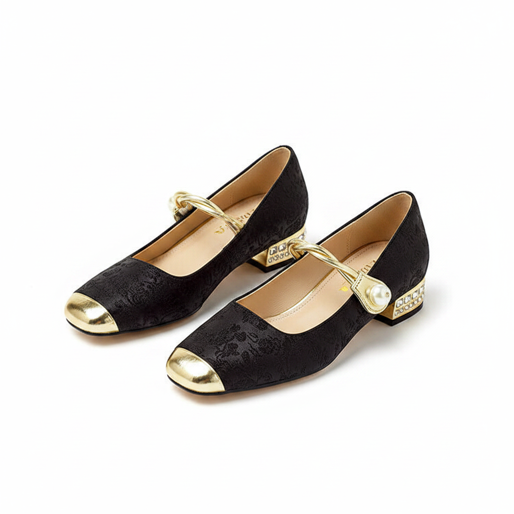 Black Mary Jane flat shoes with twisted strap, pearl button detail, and decorative block heel