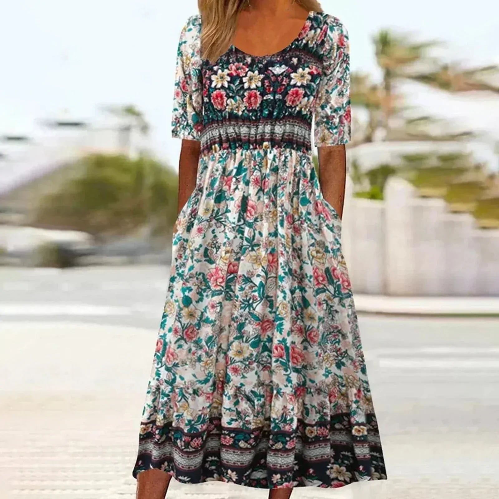Boho print midi dress with square neckline, smocked bodice, and floral border hem