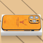 Genuine leather iPhone case with deer engraving, orange, camera cutouts, shockproof edge