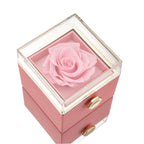 Pink keepsake gift box with clear top window and pink artificial rose centerpiece