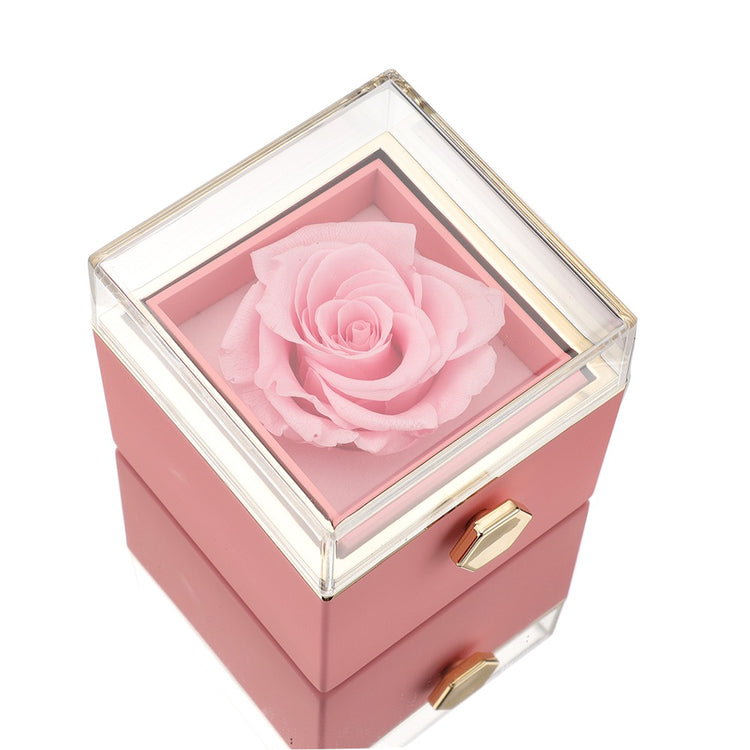 Pink keepsake gift box with clear top window and pink artificial rose centerpiece