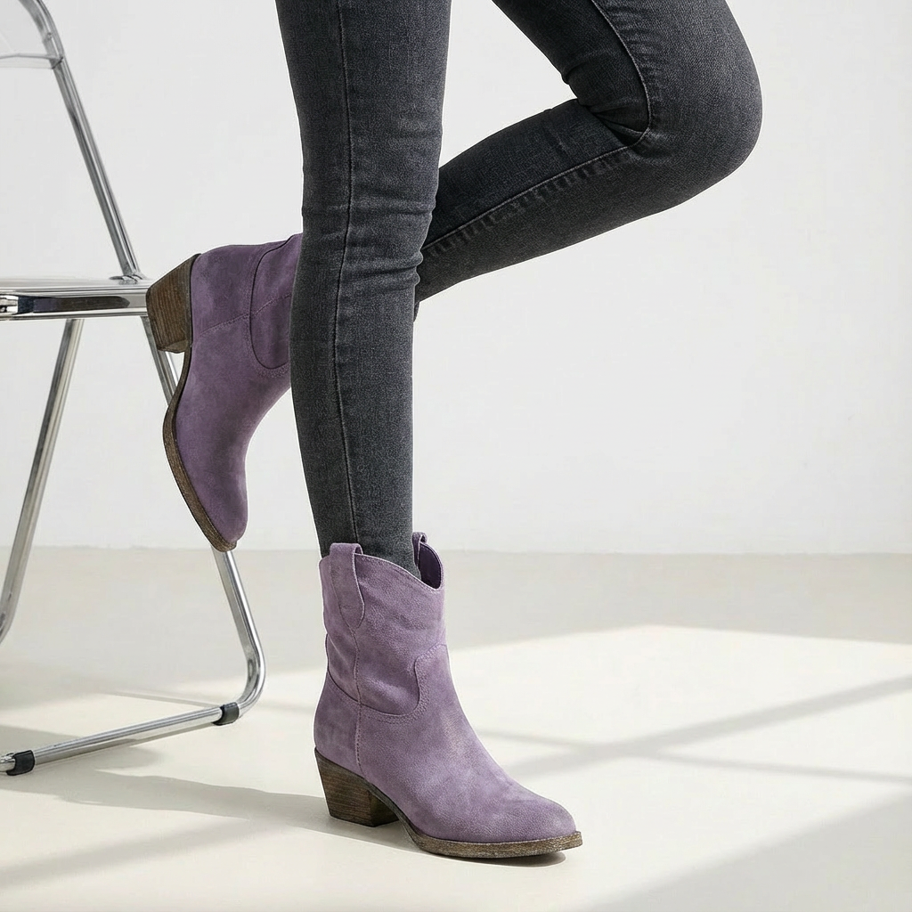 Purple suede ankle boots with pointed toe and block heel, side pull tabs