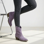 Purple suede ankle boots with pointed toe and block heel, side pull tabs