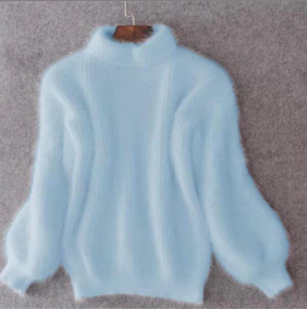 Light blue loose knit wool sweater with high neck and long balloon sleeves