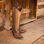 Brown embroidered western cowboy boots with side zipper and stacked heel