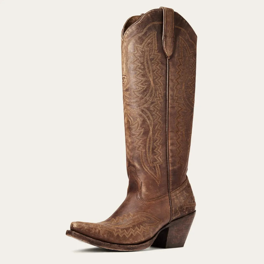 Embroidered western cowboy boots, brown with side pull tab and stitched shaft pattern, block heel