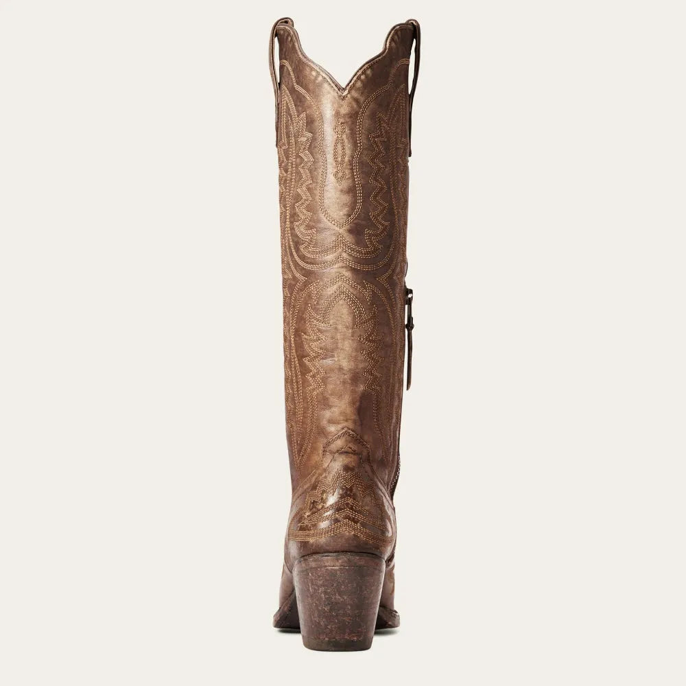 Tan/brown western cowboy boot with floral embroidery and tall stacked heel